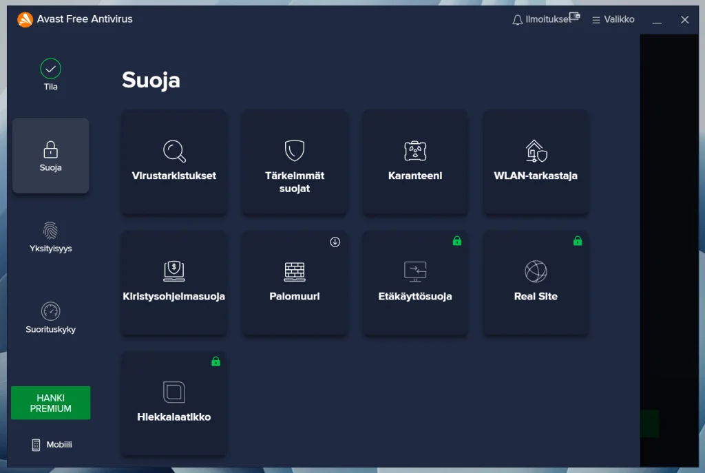 Avast Free Antivirus Käyttöliittymä