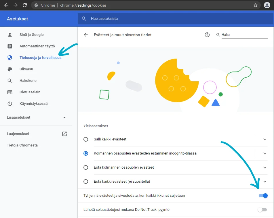 Evästeiden ja selaustietojen automaattinen poisto Chromessa