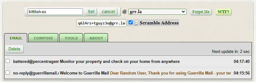 Guerrilla Mail käyttöliittymä