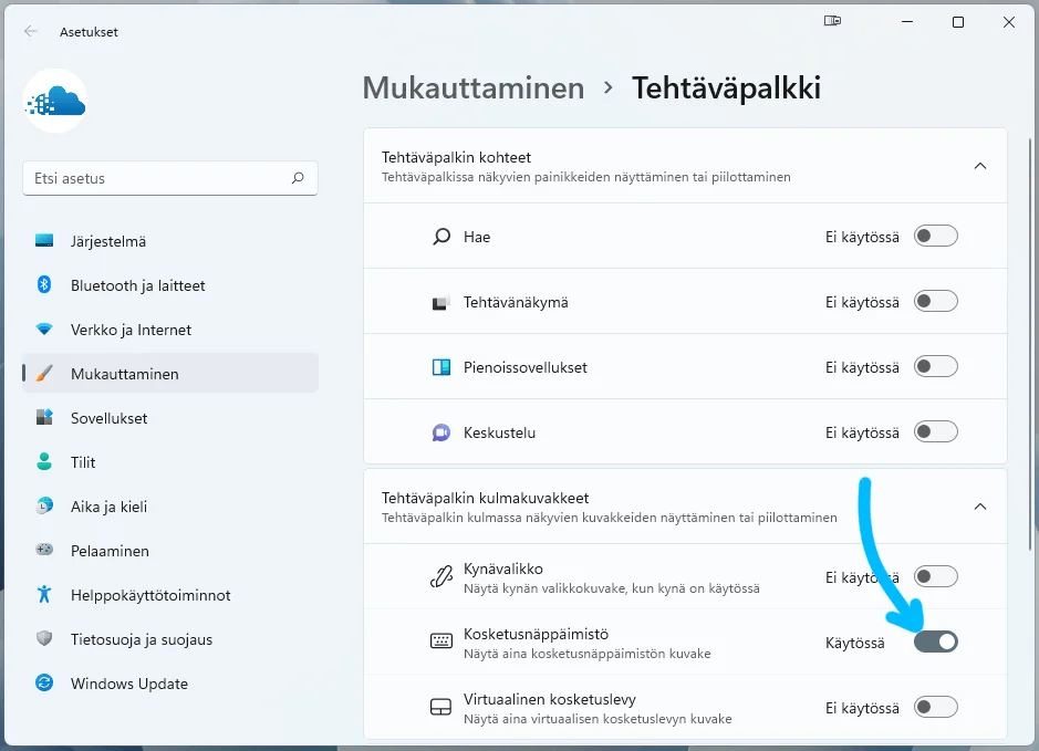 Kosketusnäppäimistön avaus kuvake