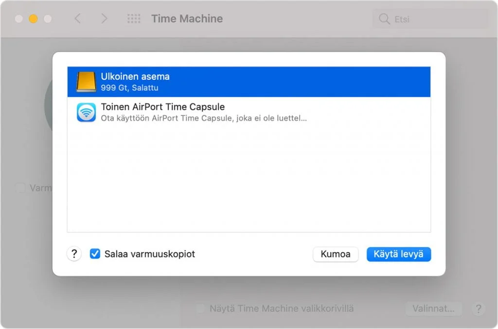 Mac Varmuuskopion tallennuslevyn valinta