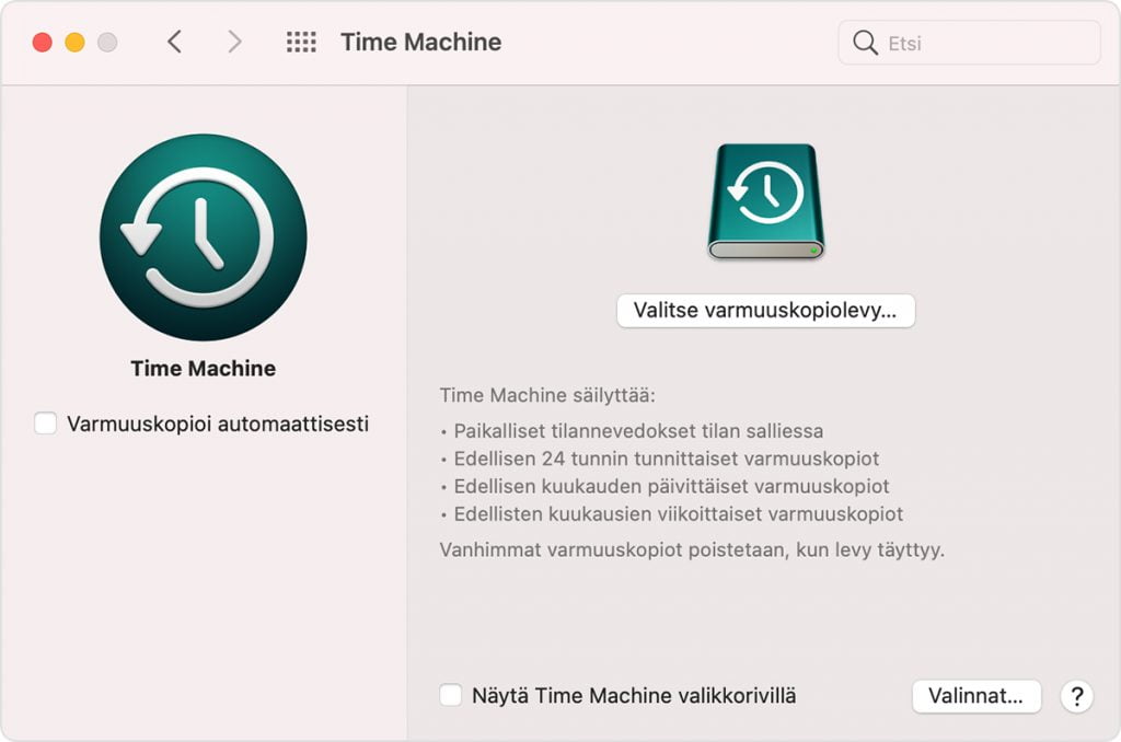 MacOS Time Machine varmuuskopiointi