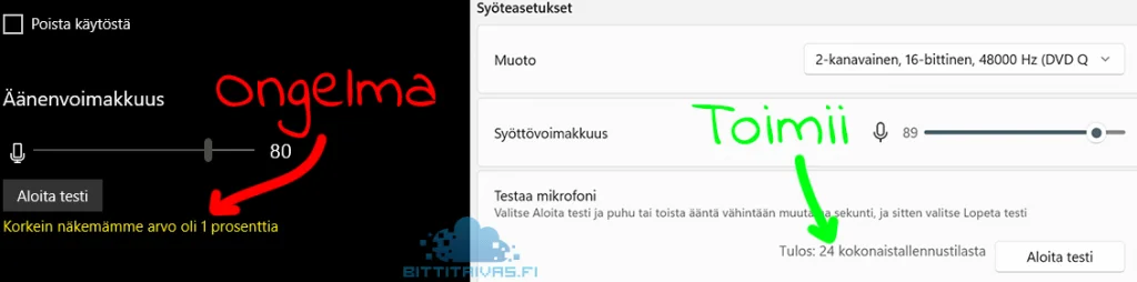 Mikrofonin äänenvoimakkuustesti Tulokset Windows 10 ja 11