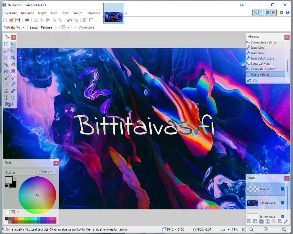 Paint.net kuvankäsittely käyttöliittymä
