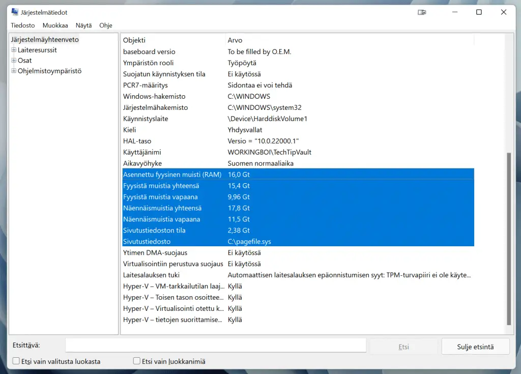 RAM muistin tarkistus Windows 11