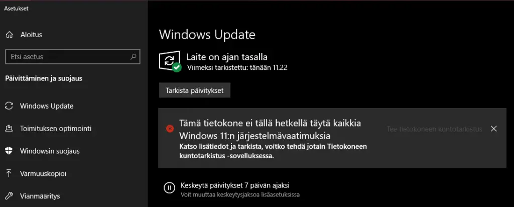 Tietokone ei täytä Windows 11 vaatimuksia
