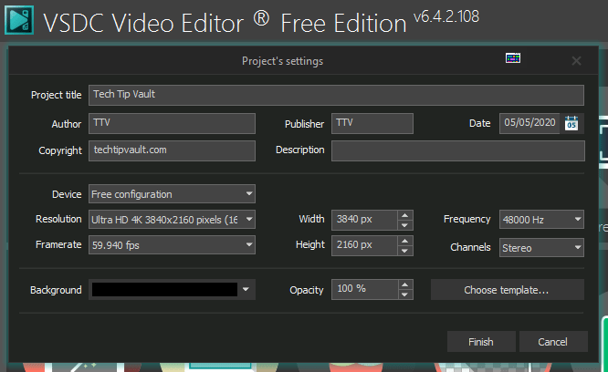 VSDC Video Editor projektiasetukset