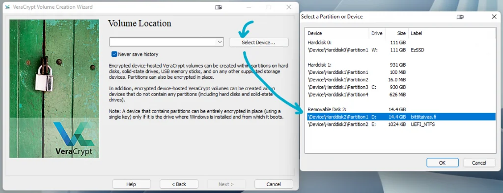 Valitse VeraCrypt salattava levy