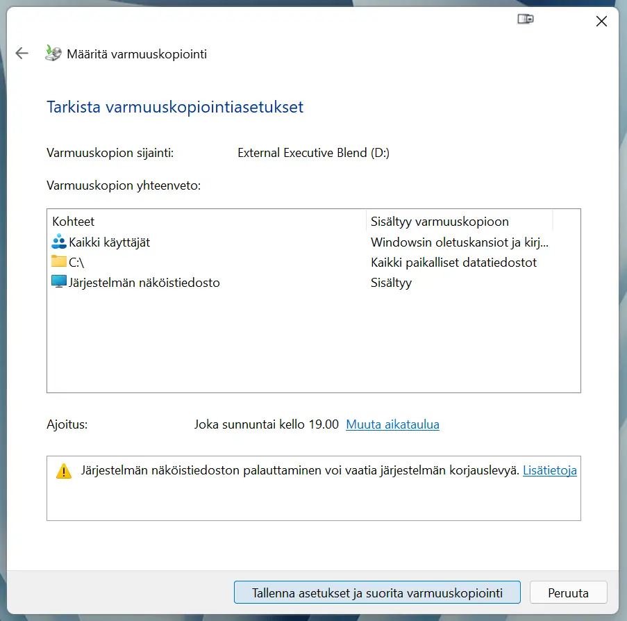 Varmuuskopioinnin ajastus Windows 11