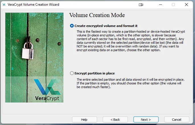 VeraCrypt Levyn formatointi tai tietojen säilytys
