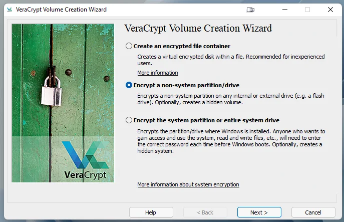 VeraCrypt Salaustyypin valinta