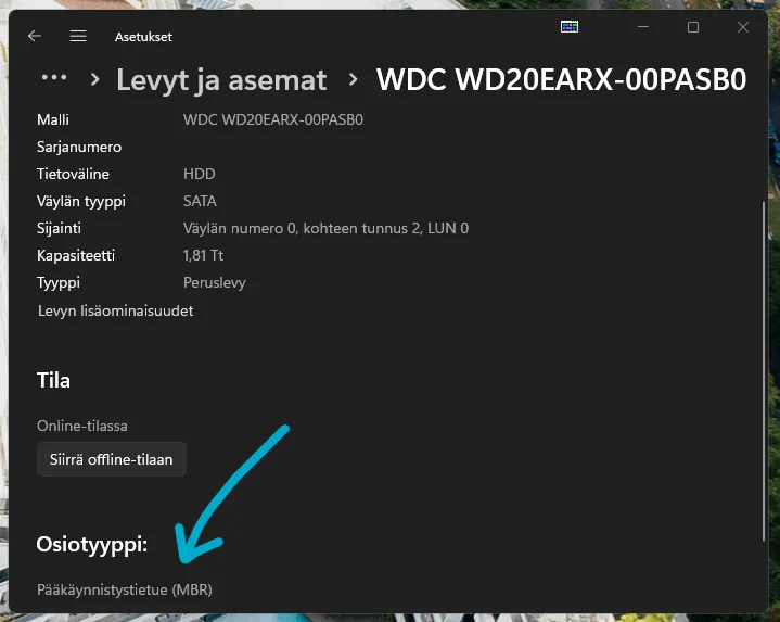 Windows 11 Levyn osiotyyppi
