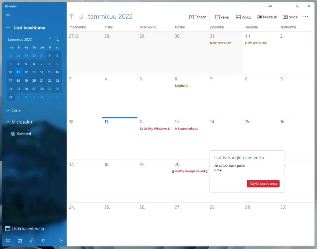 Windows Kalenteri käyttöliittymä
