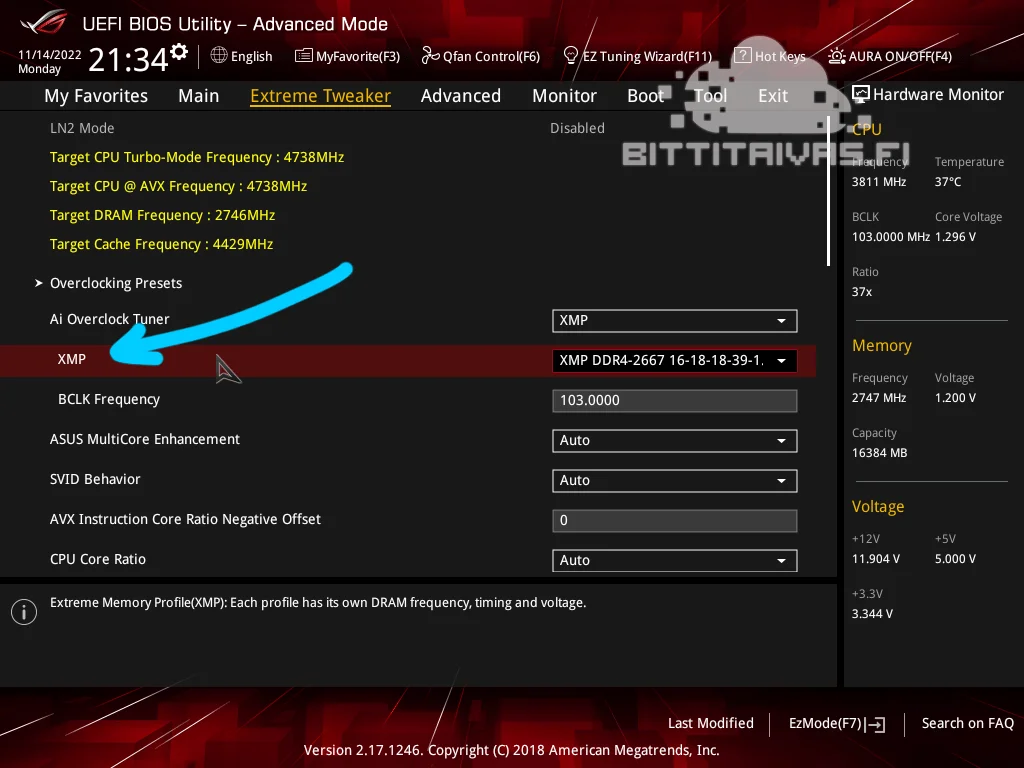 XMP UEFI BIOS kuvakaappaus